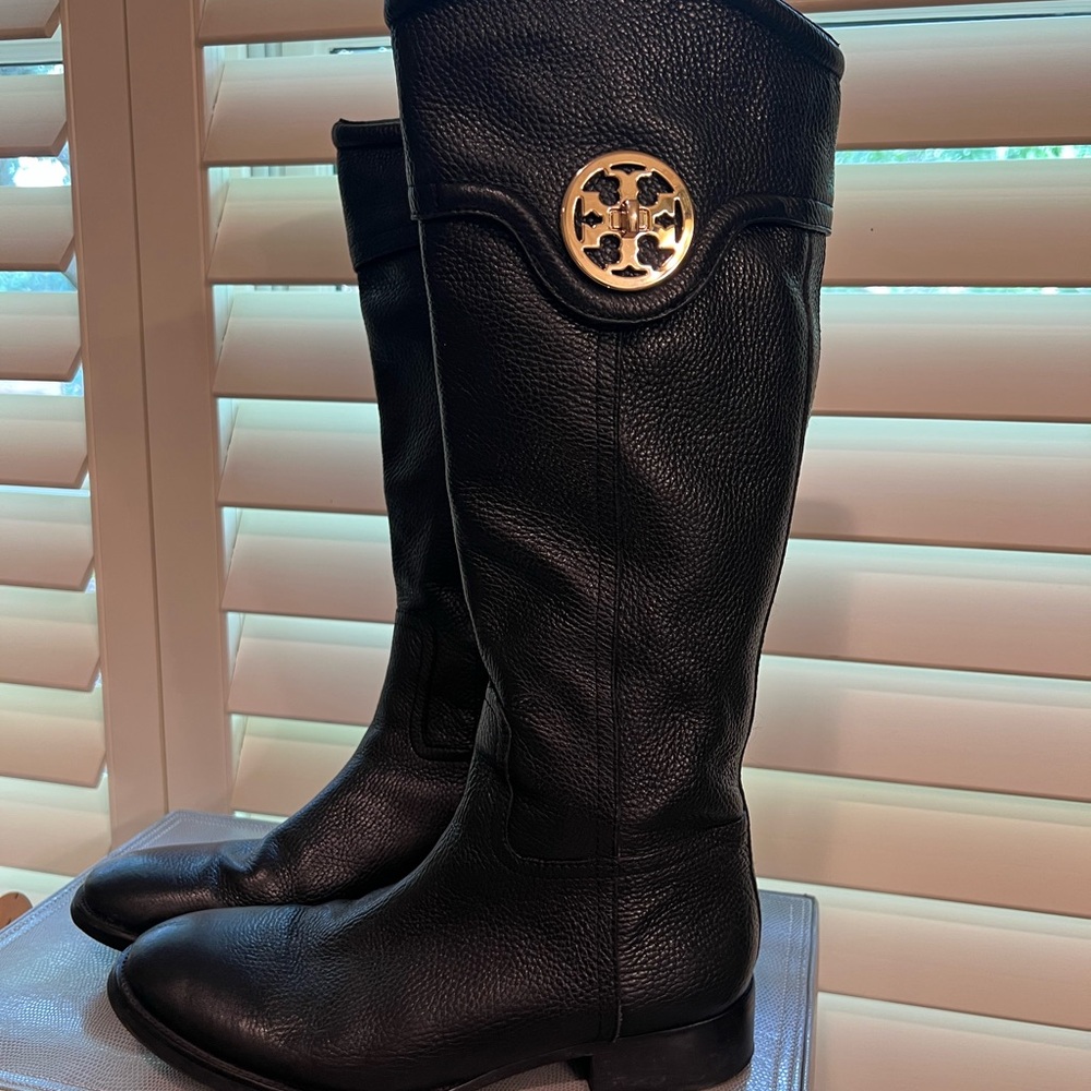 Tory Burch Black Leather Riding Boots with Gold Emblem